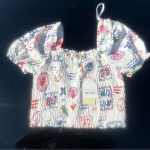 NWT Monteau White/Multicolored Smocked Crop Top w/Puff Sleeves Size Small